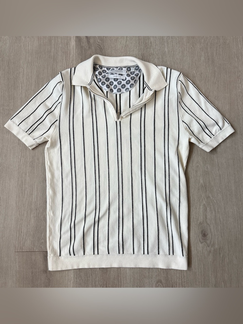 Denim & Flower Men's Medium Cream Black Striped Knit Quarter Zip Polo Shirt